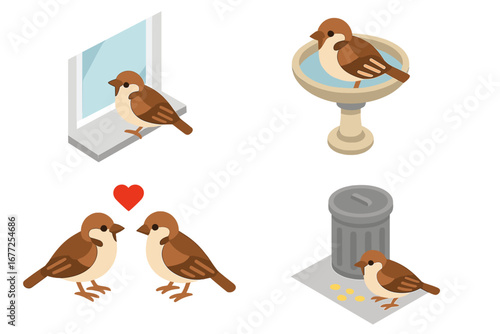 Isometric sparrow icon set showing urban bird life. Vector collection of flat design sparrows on windowsill, in birdbath, in love, and eating from trash. Cute animal concept.