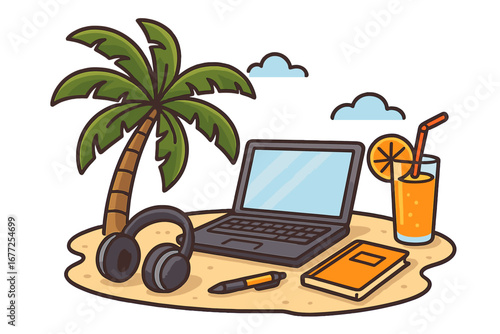 Remote work essentials for productivity in a tropical beach setting during daytime, vector cartoon illustration with laptop, headphones, notebook, pen, and refreshing juice on sandy island