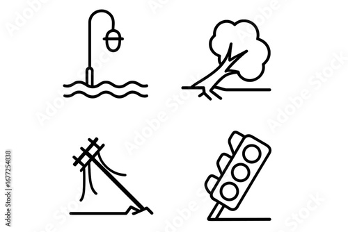 Urban storm damage line icon set. Flooded streetlamp, uprooted tree, fallen power lines, broken traffic light. Natural disaster, weather catastrophe, climate emergency vector.