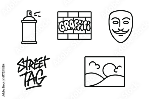 Urban Art Icon Set. Outline icons of urban street art elements including graffiti spray can, brick graffiti wall, stencil mask, street tag lettering, and city mural illustration.