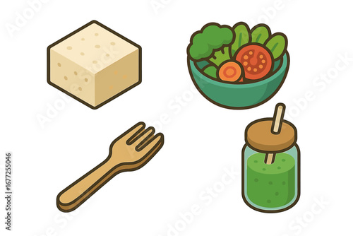 Isometric Flat Vegan Meal Prep Icons Set with Tofu Block, Fresh Vegetable Bowl, Wooden Fork, and Green Smoothie Jar Vector Illustration on Transparent Background