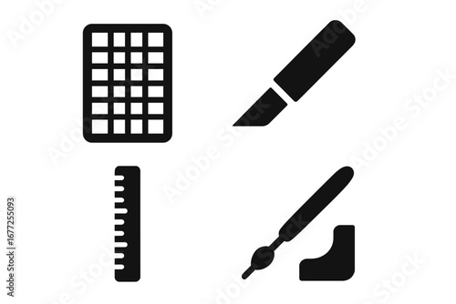 Solid Scrapbooking Tool Icons Vector Set with Cutting Mat, Craft Knife, Ruler, Embossing Tool, and Corner Cutter - Creative Crafting Supplies Illustration