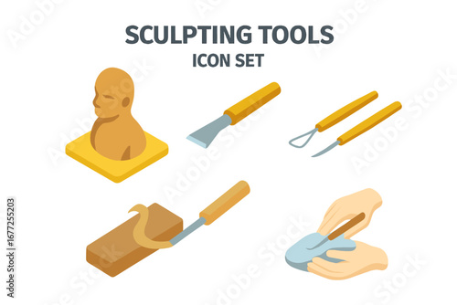 Isometric Sculpting Tools Icon Set, Clay Sculpture, Carving Chisels, Modeling Tools, Handcraft and Sculpture Techniques, Vector Illustration for Creative Artists