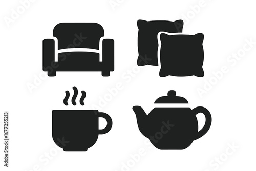 Cozy night at home essentials solid icon set. Vector glyph pictograms of armchair, pillows, and hot drink. Tea or coffee time relaxation concept. Home comfort items.