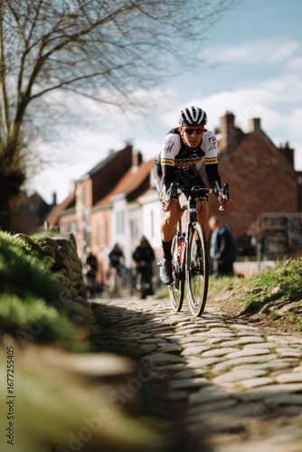Professional Rider Competing in Tour of Flanders on Historic Village Road