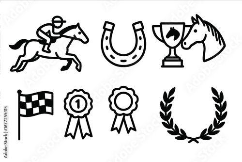 Set of equestrian sport icons. Horse racing symbols collection. Jockey on racehorse, horseshoe, winner trophy cup, laurel wreath, checkered flag and award medal achievement.