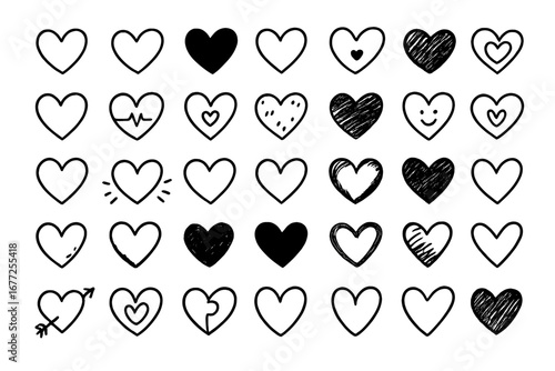 Hand-drawn heart icon set. Big vector collection of love doodles. Sketch and scribble hearts for Valentine's Day. Cute romance and emotion symbol. Minimalist design element.