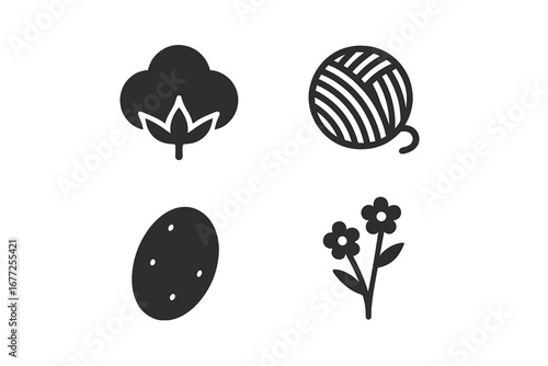 Textile Raw Materials Icons Set, Solid Filled Vector Illustrations of Cotton Boll, Wool Ball, Silk Cocoon, Flax Plant Symbols for Fabric and Fiber Industry Design