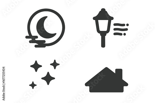 Night haze icons set with solid filled design featuring moon halo, foggy lamp post, distant stars, rooftop silhouette, atmospheric nighttime effects, soft transparent vector illustration