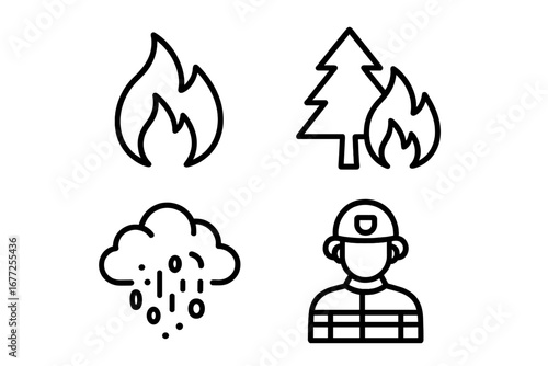 Wildfire safety icons set with outline design including flame, burning tree, ash cloud, smoke trail, and firefighter vector illustration for wildfire prevention and awareness