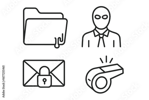 Whistleblower icon set, outline vector collection of whistleblowers, leaking folder with liquid drop, masked figure, secure email envelope with padlock, whistle alert symbol, transparency background