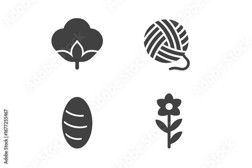 Textile raw materials icons set with solid filled cotton boll, wool yarn ball, silk cocoon, flax plant symbols, vector illustration for fabric fiber, natural textile source design
