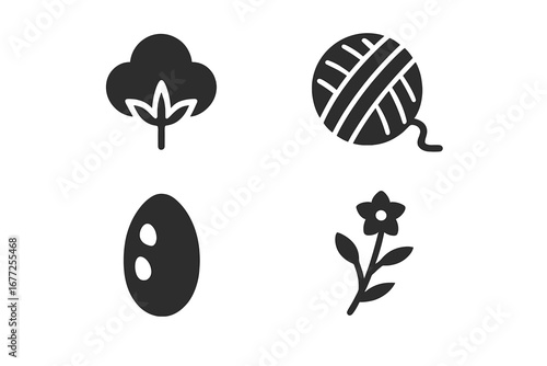 Textile Raw Materials Icons. Solid Filled Vector Set of Cotton Boll, Wool Yarn Ball, Silk Cocoon, Flax Plant, Natural Fiber Illustrations for Fabric and Textile Design
