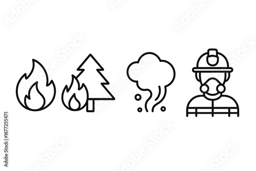Wildfire Safety Icons Outline Set, Wildfire Flames, Burning Trees, Smoke Trail, Ash Cloud, Firefighter Wearing Mask, Vector Illustration Transparent Background