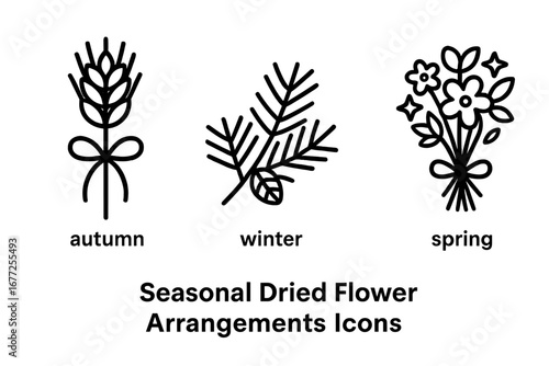 Seasonal Flower Icons Set, Outline Collection of Dried Floral Arrangements for Autumn Wheat Sheaf, Winter Pine Sprig, Spring Blooms, Vector Illustration on Transparent Background