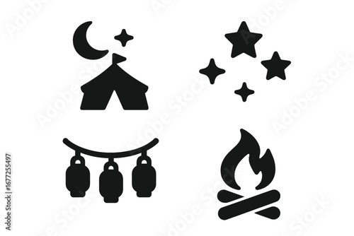 Nighttime circus icons set with moonlit tent, glowing stars, lantern lights, and cozy campfire. Solid filled vector illustrations for festival and camping themes