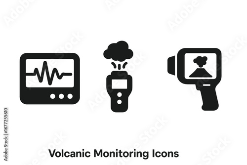 Volcanic monitoring solid icon set. Seismograph for earthquake activity, gas analyzer for emissions, and thermal camera for heat detection. Vector glyphs for volcanology science.