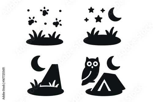 Nighttime forest icons set, solid black filled vector illustrations of glowing fireflies, starry sky, crescent moonlight, night owl, and camping tent in glade