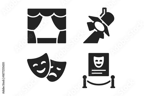 Classic Theater Icon Set with Stage Curtain, Spotlight, Comedy and Tragedy Masks, Playbill, and Velvet Rope Barrier, Solid Filled Opera and Drama Symbols Vector Illustration