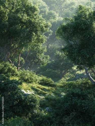lush green forest scenery with dense trees and soft ambient light