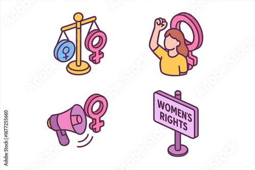 Women’s Rights Isometric Icon Set – Equality, Empowerment, Advocacy, Feminism, Gender Symbols, Protest Signs, Female Power Vector Illustration on Transparent Background