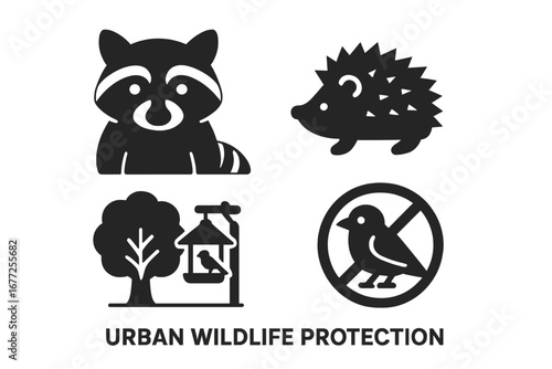 Urban wildlife protection solid glyph icon set. Raccoon, hedgehog, city tree, bird feeder, do not harm birds sign. Animal conservation vector pictograms for web and print.