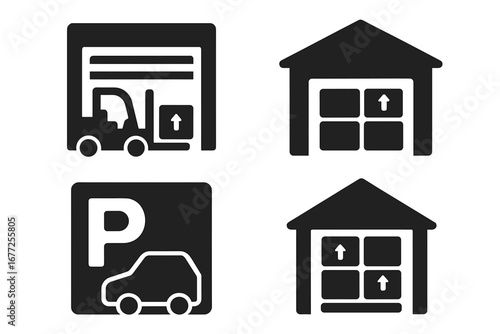 Warehouse icon set. Logistics and storage symbols. Forklift loading cargo at bay, distribution center, inventory stock, and parking sign. Solid glyph pictogram for shipping.