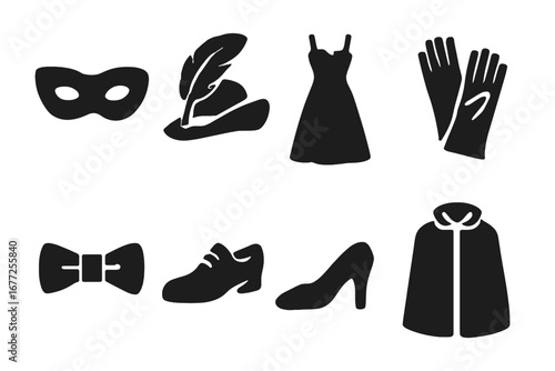 Theatrical Costume Icons, Solid Filled Vector Set of Classic Theater Accessories and Apparel Including Mask, Feathered Hat, Gown, Gloves, Bow Tie, Shoes, and Cape, Transparent Background