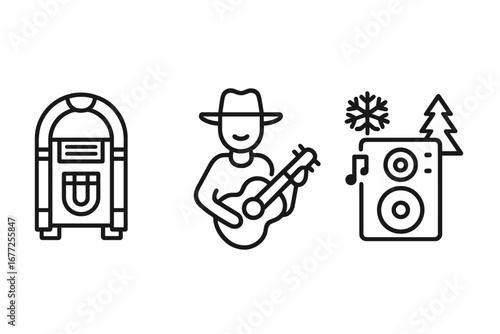 Seasonal music icons set with outline style, including jukebox, street performer with guitar, and holiday speaker with festive snowflake and tree, vector illustration