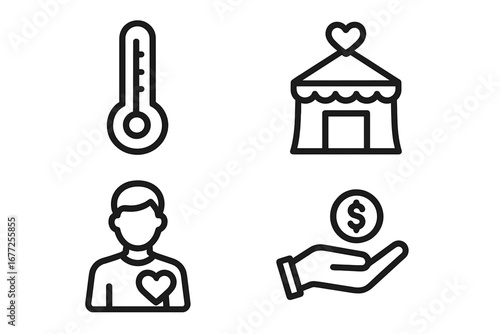 Nonprofit icons collection, outline set of 4 charity fundraising symbols including donation thermometer, event tent with heart, donor silhouette with heart, and hand holding money vector