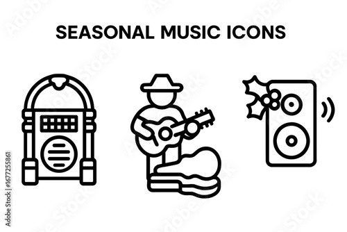 Seasonal Music Icons Outline Set, Vintage Jukebox, Street Performer with Guitar, Festive Speaker with Holly, Entertainment Symbols, Vector Illustration Transparent