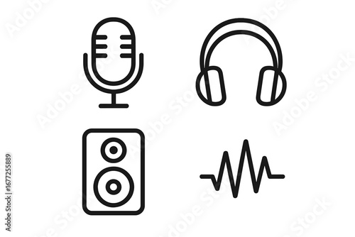 Sound Elements Depicting Audio Recording and Listening Tools in Minimalistic Vector Cartoon Style with Transparent Background – Ordered Set 2