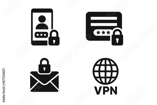 Security Icon Grid with Solid Filled Icons of Two-Factor Authentication, Secure Login, Email Encryption, VPN Protection, Cybersecurity and Data Privacy Vector Illustration