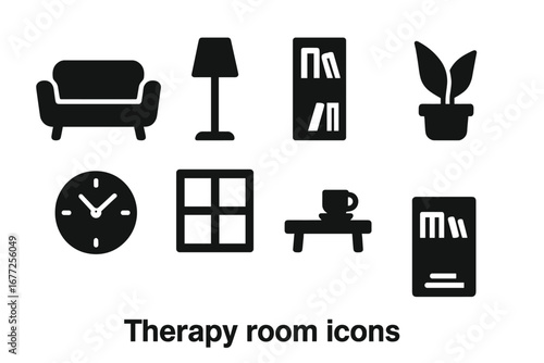 Therapy Room Icons Set, Solid Filled Vector Symbols of Cozy Therapy Environment with Couch, Floor Lamp, Bookcase, Plant, Clock, Window, Coffee Table for Mental Health Design