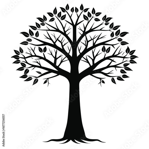 Black Silhouette of a Leafy Tree with Visible Roots on White Background leaves