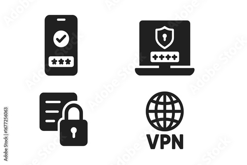 Security Icon Grid, Solid Filled Vector Set of Cybersecurity Measures Including Two-Factor Authentication, Secure Login, Data Encryption, VPN, and Network Protection on Transparent Background