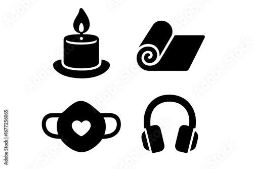 Therapeutic Tool Icon Set with Calming Candle, Yoga Mat, Breathing Mask, and Headphones – Solid Filled Vector Symbols for Relaxation, Meditation, and Wellness