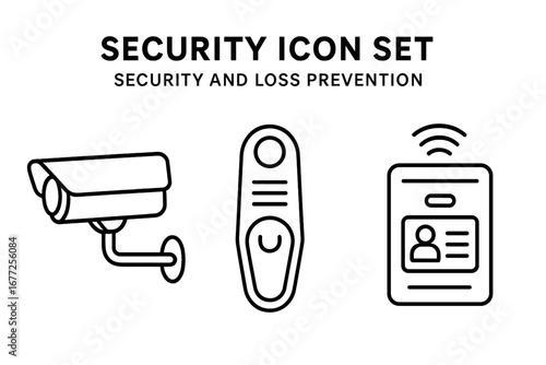 Security Icon Set Outline Vector with Surveillance Camera, Security Tag Remover, and Badge Scanner for Loss Prevention and Access Control Illustration