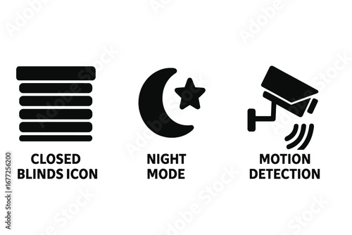 Security Icon Set Vector. Solid filled illustrations of privacy blinds, closed blinds, night mode crescent moon with star, surveillance camera with motion detection waves. Transparent background.