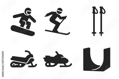 Winter sports solid glyph icon set. Vector symbols of snowboarder, skier, snowmobile, ski poles and halfpipe. Extreme winter activities pictogram silhouette collection.