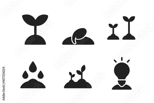 Seed Germination Icons, Solid Filled Vector Set Showing Seed Growth Stages, Sprouts, Seed in Soil, Water Droplets, and Idea Lightbulb for Nature, Agriculture, Plant Growth
