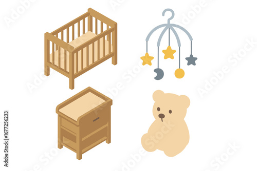 Nursery Decor Icons Isometric Flat Vector Set of Baby Room Essentials Including Crib, Star Mobile, Changing Table, and Teddy Bear Illustration for Infant Design