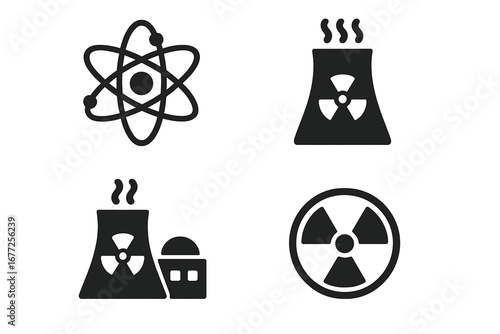 Nuclear Energy Icons Set, Solid Filled Vector Illustration of Atom Symbol, Cooling Tower, Nuclear Power Plant, Radiation Hazard Sign, Reactor Symbol on Transparent Background