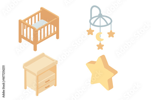 Isometric Nursery Decor Icons Set of 4 - Baby Crib, Star Moon Mobile, Changing Table, Soft Star Nightlight - Flat Vector Illustration for Baby Room Design