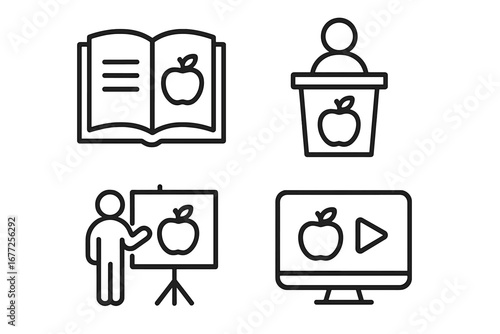 Nutrition education icons outline set of 4 with healthy lifestyle symbols including open book with apple, lecturer podium, presentation board, and video tutorial play for health and wellness learning