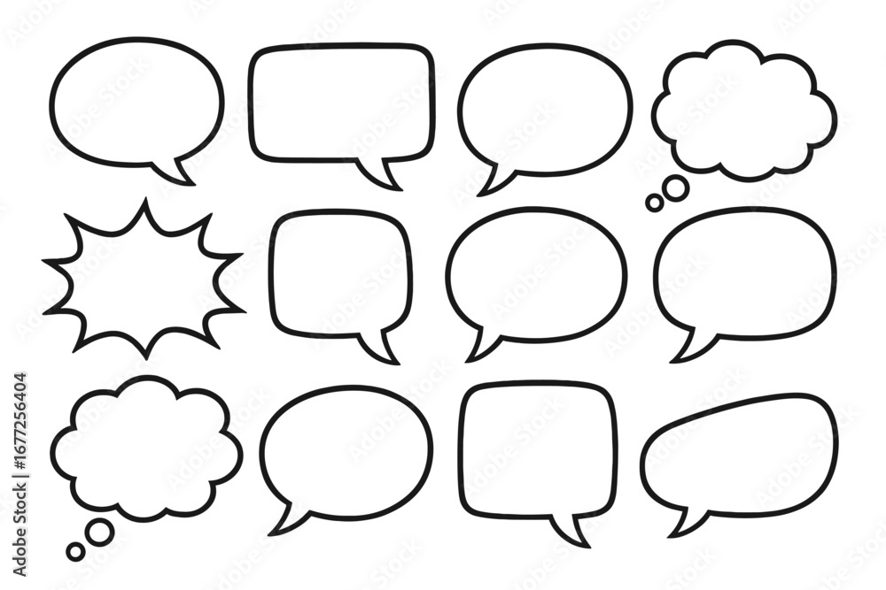 Fototapeta premium Hand-drawn speech bubble and thought bubble set. Collection of comic-style dialogue balloons, chat boxes, and message frames for communication. Vector doodle pop art illustration.