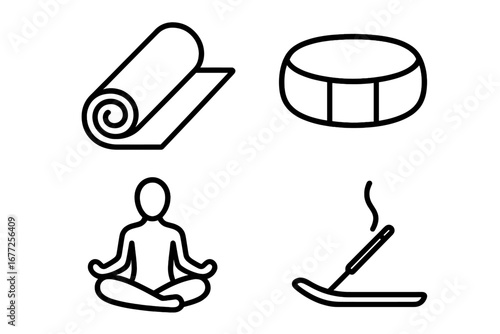 Yoga retreat and meditation outline icon set. Vector symbols for wellness, mindfulness, spiritual practice. Includes yoga mat, meditation cushion, lotus pose, and incense.