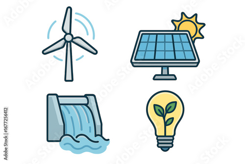 Symbols representing renewable energy sources and sustainable power technology with wind turbine, solar panel, hydroelectric dam, and eco-friendly light bulb. Vector cartoon illustration set