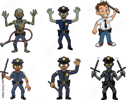 Zombie to police, cartoon transformation, character evolution, baton pose, uniform upgrade, vector illustration, flat design, scary to heroic, animated sequence