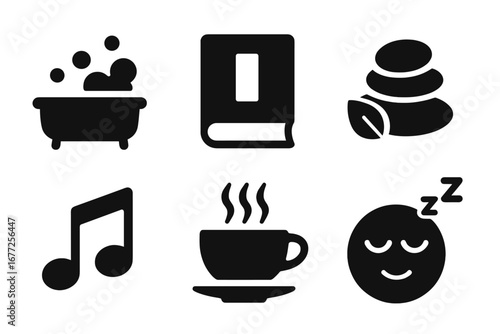 Self-care icons grid with bubble bath, book, spa stones, music note, tea cup, and sleep symbol. Solid filled vector set representing relaxation, wellness, calm, and rejuvenation activities.